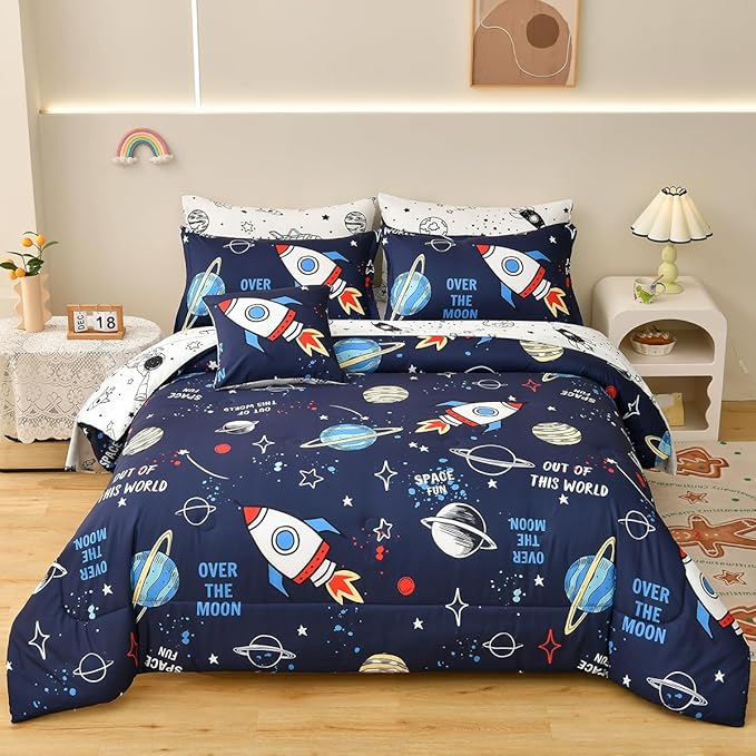 8 Piece Kid Comforter Set Twin Size Bed in a Bag, Space Rocket Bedding Set for Teen Boys Girls