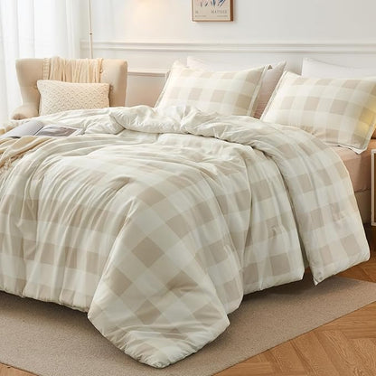 Andency Beige Grid Comforter Set Queen Size (90x90 Inch), 3 Pieces(1 Grid Comforter and 2 Pillowcases), Summer Lightweight Microfiber Down Alternative Beige Comforter
