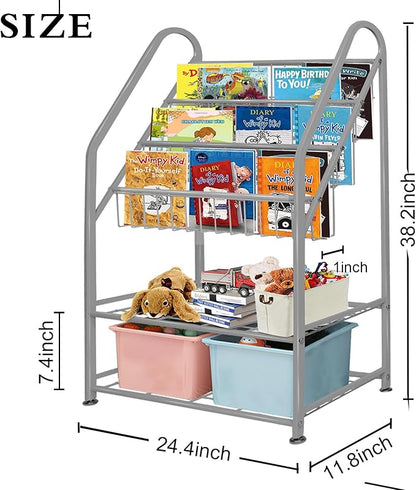 aboxoo Metal Kids Bookshelf Grey Toy Chests & Organizers Large Freestanding for Children Toy Chests & OrganizersRoom 25 in Toy Organizer Large Stable Bookcase Bookstore Library Bed Living Room