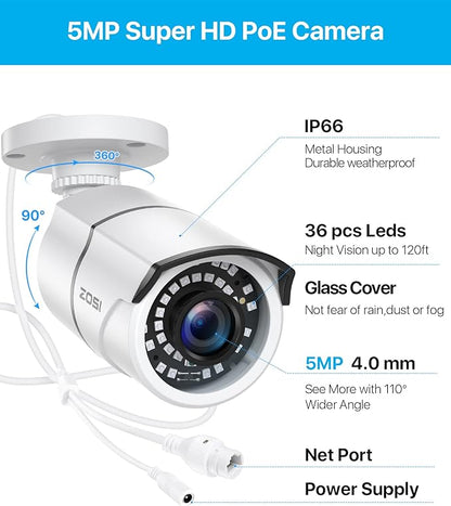 ZOSI ZG2615E 5MP PoE IP Camera Bullet Camera with Night Vision for Outdoor Indoor Power Over Ethernet Surveillance System,Only Work with ZOSI PoE NVR,ZR16DK,ZR08EN,ZR08DN,ZR08PN
