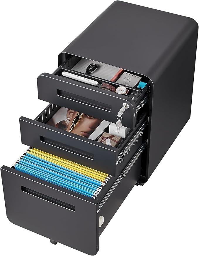 3 Drawer Mobile Desk Office with Lock and Wheels,Versatile Storage Cabinets w/Anti-Tilting Cold Rolled Steel Waterproof Moisture-Proof,for Legal/Letter/A4 Files,Black