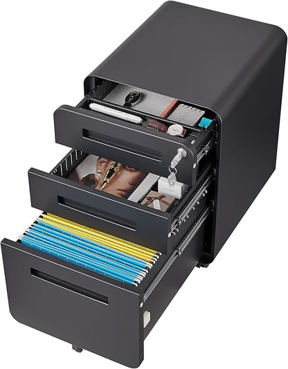 3 Drawer Mobile Desk Office with Lock and Wheels,Versatile Storage Cabinets w/Anti-Tilting Cold Rolled Steel Waterproof Moisture-Proof,for Legal/Letter/A4 Files,Black