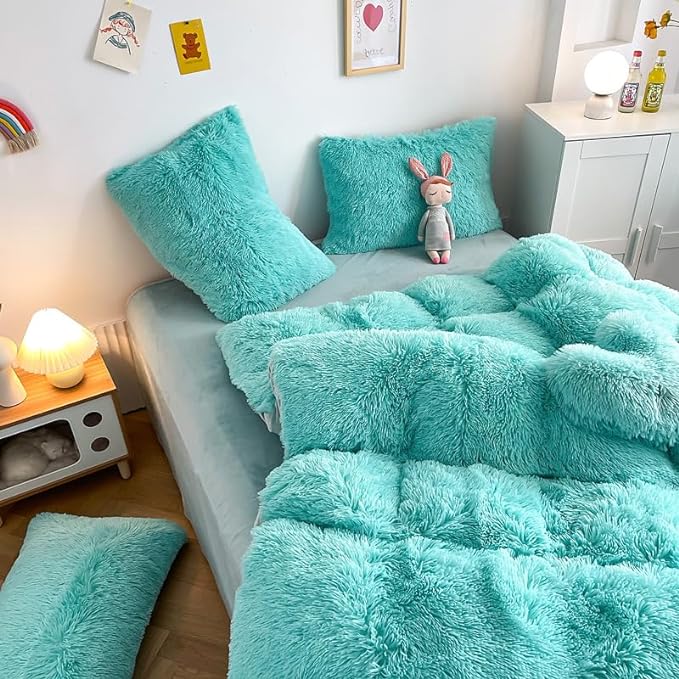 Faux Fur Kids Girls Sky Blue Comforter Sets Queen - 3PC Bed Set Warm Comfortable Soft Plush Flannel Velvet Fluffy Fuzzy Bedding（Comforter x 1 Pillowcases x 2）