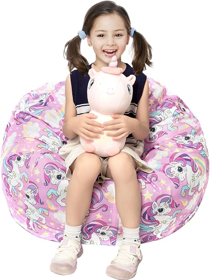 Stuffed Animal Storage Bean Bag Chair Cover, Hold Kids Plush Toys Blankets Towels Beanbag (Cover Only), Canvas Floor Circle Stuff Sit Seat Sofa with YKK Zipper, Large 32", Unicorn