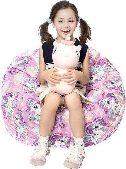 Stuffed Animal Storage Bean Bag Chair Cover, Hold Kids Plush Toys Blankets Towels Beanbag (Cover Only), Canvas Floor Circle Stuff Sit Seat Sofa with YKK Zipper, Large 32", Unicorn