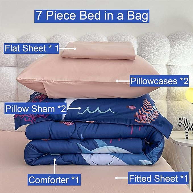 Boys Sharks Comforter Set Full Size 7 Piece Cute Ocean Animal Jellyfish 3D Printed Bedding Set Bed in A Bag for Kids Girls Teens Lightweight Soft Bed Set All Seasons Navy Blue
