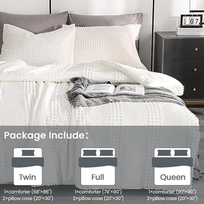ENJOHOS Girls Queen Comforter Bedding Set White, 3 PCS Boho Comforter with Tufted Dots, Shabby Chic Bedding Comforter for All Season, Lightweight Fluffy Microfiber Comforter with 2 Pillowcases