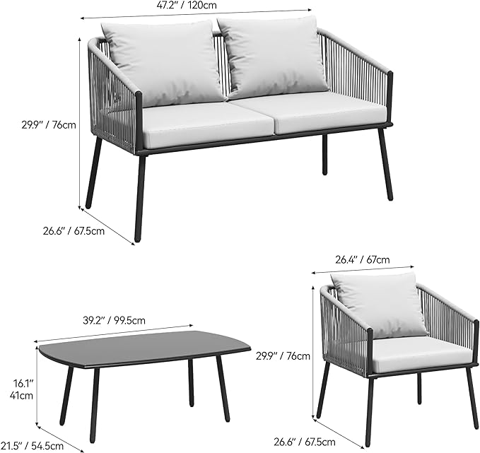 YITAHOME 4-Piece Patio Furniture Outdoor Bistro Set, All Weather Double Gray Rope Conversation Loveseat for Backyard, Balcony, Deck with Soft Cushions and Metal Table (Gray)