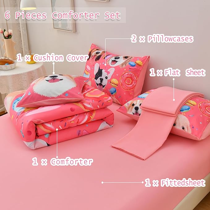 DORCAS Pink Twin Comforter Set for Girls Cute Dog Bedding Sets Twin Girls 6 Pieces Animal Twin Bed-in-A-Bag with Comforter,Sheets,Pillowcases for Kids