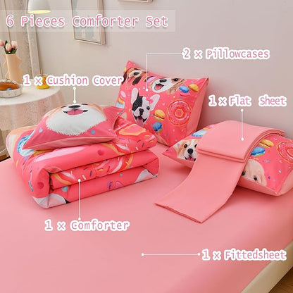 DORCAS Pink Girls Bedding Sets Full with Comforter and Sheets Cute Dog Comforter Set Full Girls,6 Pieces Animal Bedding Sets Full with Sheets for Kids