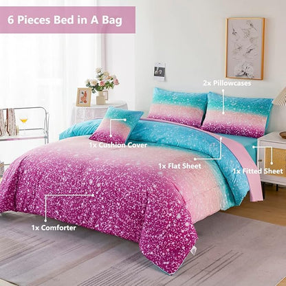 PERFEMET 6Pcs Teal Purple Comforter Set Twin Size, Tie Dye Rainbow Glitter Bed in A Bag, Gradient Pastel Ombre Sparkle Bedding Set for Kids Teens Girls (Blue Teal Purple, Twin)
