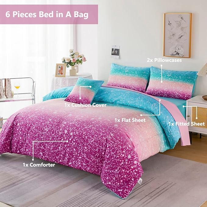 PERFEMET Queen Comforter Set with Sheets, 6 Pieces Tie Dye Rainbow Girls Bedding Set, Gradient Glitter Colorful Ombre Bed in A Bag (Aqua Teal Purple, Queen)