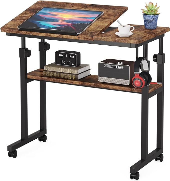 Small Portable Rolling Computer Desk Height Adjustable Standing Table, Brown