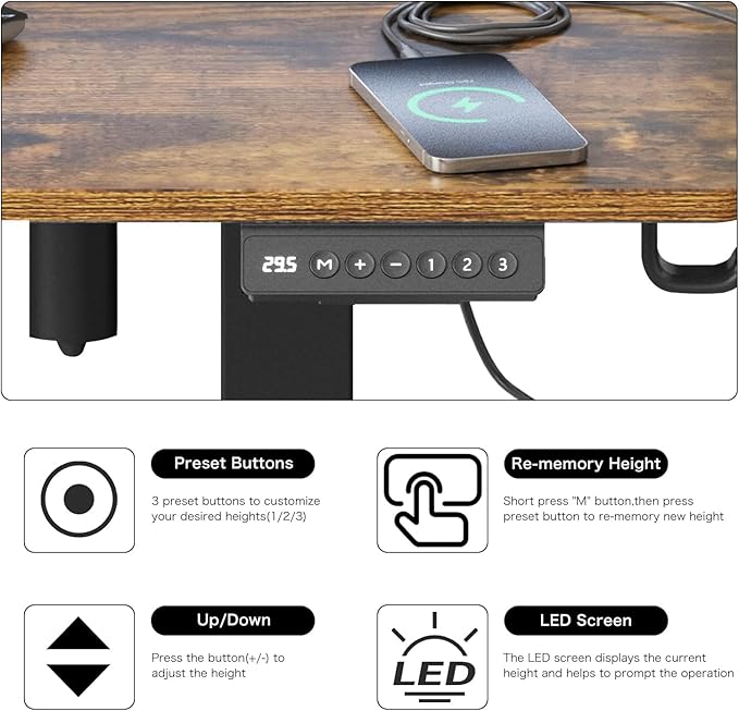 Electric Adjustable Standing Desk, Sit Stand Desk with Power Outlets & LED Lights 48”Adjustable Height Standing Desk with Drawers Adjustable Table Desk Riser for Home Office