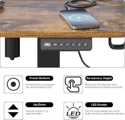 Electric Adjustable Standing Desk, Sit Stand Desk with Power Outlets & LED Lights 48”Adjustable Height Standing Desk with Drawers Adjustable Table Desk Riser for Home Office