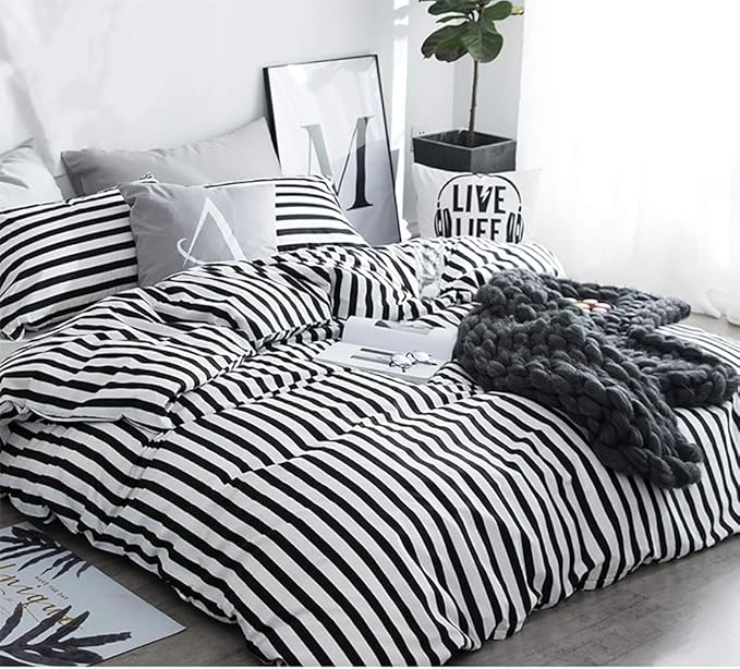 White and Black Stripes Comforter Set Cal King Women Bedding Set Soft Durable White Striated Bedding Set Black Stripes Cal King Quilts Hotel Quality Comforter Girls White Black Stripes Bed Set