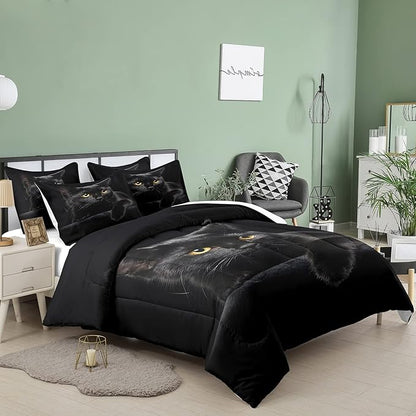 NINENINE Cat Comforter Bedding Set Twin for Girls Kids,Black Cat Lying on The Black Sofa Pattern Printed Bedding Set,Black Comforter Set,Soft Breathable Microfiber Quilt with Matching Pillowcase#5005