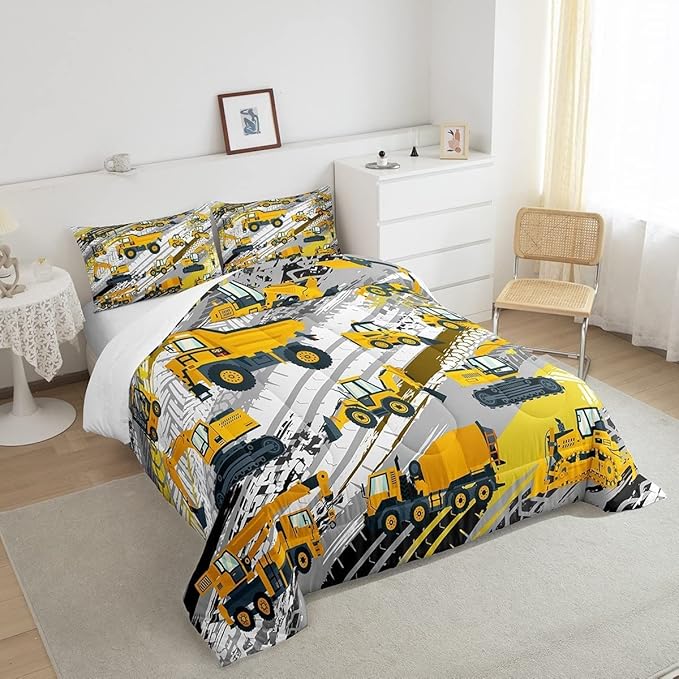 Boys Construction Comforter Set Truck Bedroom Decor for Kids Girls Under Construction Vehicles Down Comforter Nursery Children Cartoon Machinery Truck Excavator Bedding Tractor Cars Duvet Quilt, King