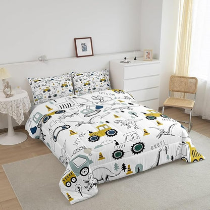 Feelyou Construction Comforter Set Queen Size Kids Cartoon Car Excavator Tractor Toddler Comforter Equipment Trucks Dinosaur Comforter Set Construction Vehicles White Yellow Duvet Set Quilt Set