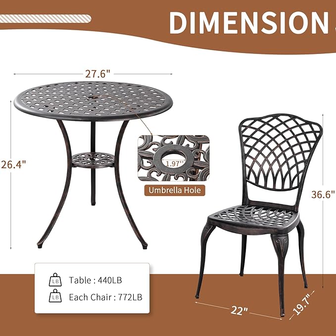 Patio Bistro Set 3 Piece Outdoor Cast Aluminum Bistro Table and Chairs Set of 2 with 1.97" Umbrella Hole,All Weather Outdoor Bistro Set for Front Proch Set (Bronze)