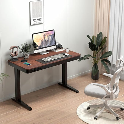 Standing Desk with Drawer and Wireless Charging,48x24 inch Dual Motor Electric Standing Desk,Stand Up Desk with Whole-Piece Desktop(Black Oval Legs+Rustic Brown Top)