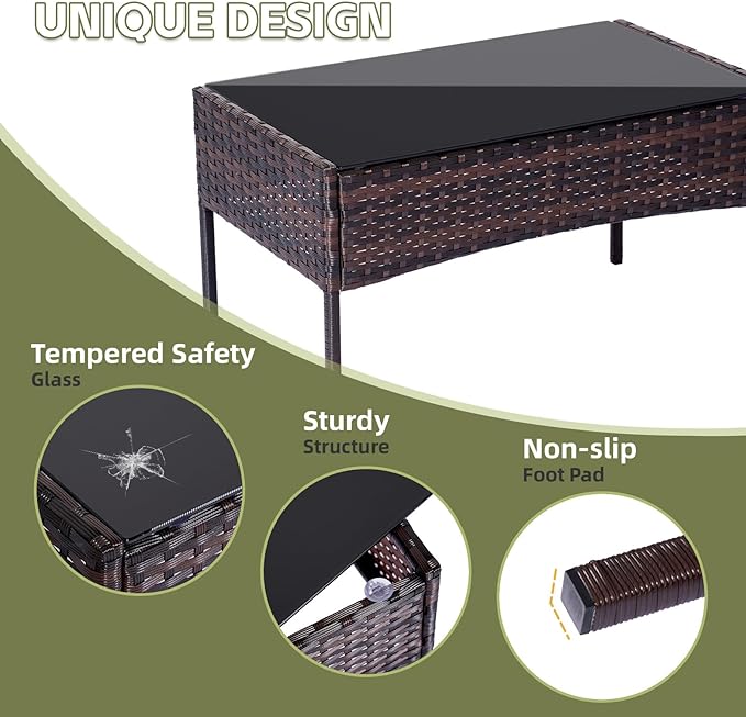 Patio Furniture Set 4 Pieces Conversation Sets Outdoor Wicker Rattan Chairs Garden Backyard Balcony Porch Poolside Loveseat with Soft Cushion and Tempered Glass Table(Brown/Grey)
