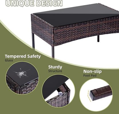 Patio Furniture Set 4 Pieces Conversation Sets Outdoor Wicker Rattan Chairs Garden Backyard Balcony Porch Poolside Loveseat with Soft Cushion and Tempered Glass Table(Brown/Grey)
