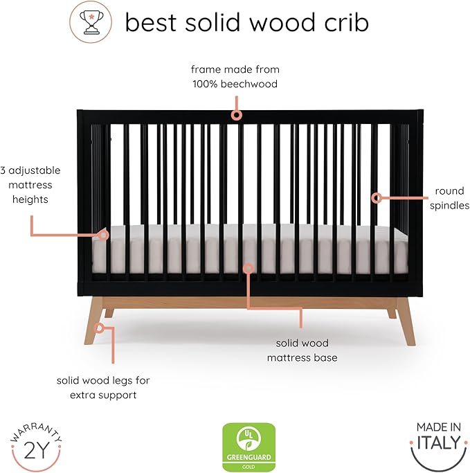 dadada Baby Soho 3-in-1 Convertible Crib to Toddler Bed – Wooden Crib Made in Italy, GREENGUARD Gold Certified Small Baby Crib – Baby-Safe Finish, Modern Design (Black/Natural)