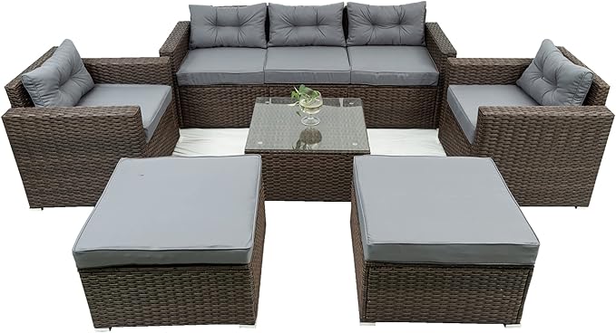 6 Piece Patio Outdoor Furniture Rattan Wicker Conversation Sofa Set with Removeable Cushions and Tempered Glass Table Top for Garden Yark, Lawn, Backyard, Brown