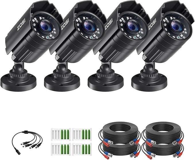 ZOSI 4 Pack 1080P 1920TVL Home Security Cameras Outdoor Indoor, Night Vision, IP66 Weatherproof 2MP Surveillance Camera, Work For 720P/1080P/5MP/4K HD-TVI,AHD,CVI analog CCTV DVR System (Black)