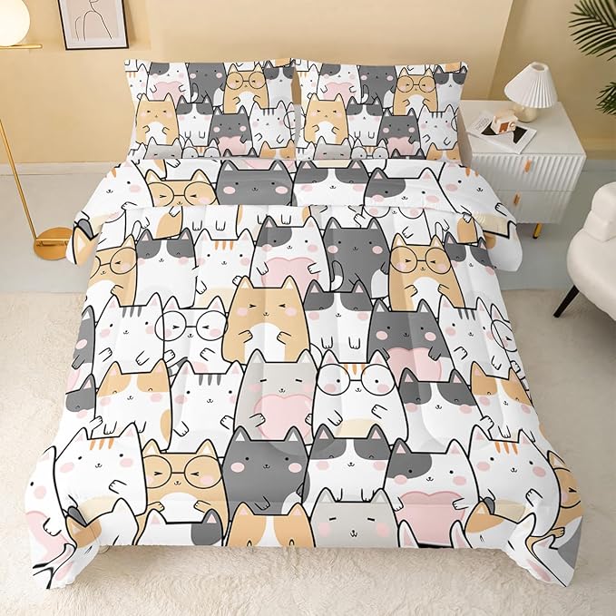 Kawaii Cat Comforter Queen Size,Cats Comforter Set for Kids Teens Girls Boys,3Pcs Bedding Set Printed Comforter with 2 Pillowcases,Down Alternative,Soft and Lightweight，Queen Size