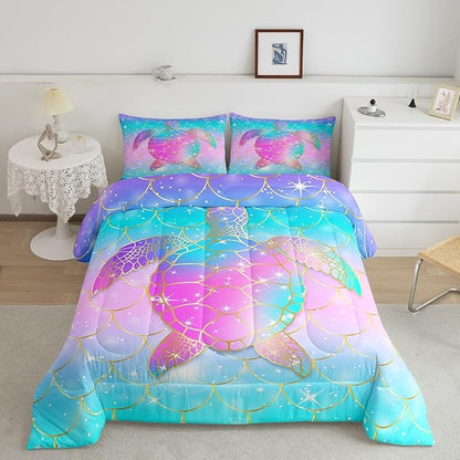 Erosebridal Mermaid Scales Comforter Set for Girls, Tortoise Reptile Bedding Set Twin Size, Sea Turtle Ocean Life Duvet Sets for Kids Children Boys Women, Sweet Girly Down Comforter, Teal Blue