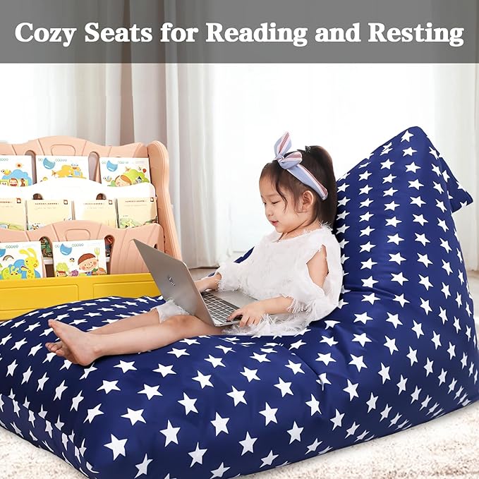 Jorbest Stuffed Animal Storage Bean Bag Chair for Kids and Adults, Stuffed Animal Bean Bag Storage, Luxury Velvet Soft Bean Bag Cover Only (Navy with White Stars 200L/52 Gal)