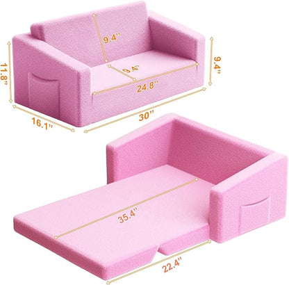 Extra Wide 2 Seater Kids Couch, 2-in-1 Toddler Chairs for Boys & Girls, Kids Sofa with Storage, Comfortable Mini Couch for Kids, Fun Kids Lounge Chair, Toddler Furniture,Children's Gifts(Pink)