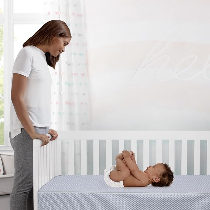 Simmons Kids Foundry 6-in-1 Convertible Baby Crib, Rustic Mist with Matte Black + Quiet Nights Breathable Crib Mattress with Removable/Machine Washable Cover (Bundle)