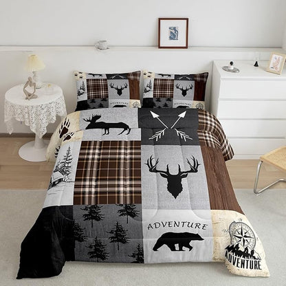 Deer Antler Comforter Set Twin Size,Bear Paw Pine Trees Rustic Farmhouse Bedding Set for Boys Girls Adults Room Decor,Geometric Plaids Arrows Down Comforter,Brown Retro Duvet Insert,1 Pillowcase