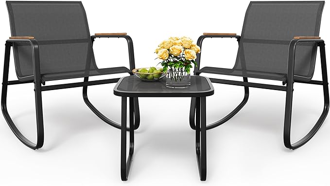 YITAHOME 3 Piece Rocking Bistro Set, Outdoor Patio Furniture Set with Wooden Armrests, Porch Chairs Set with Glass Table for Lawn, Garden, Balcony, Poolside, Dark Gray
