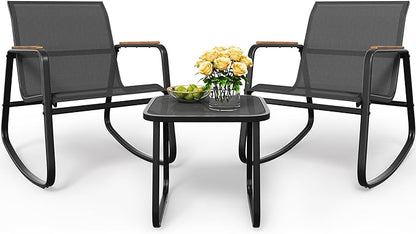 YITAHOME 3 Piece Rocking Bistro Set, Outdoor Patio Furniture Set with Wooden Armrests, Porch Chairs Set with Glass Table for Lawn, Garden, Balcony, Poolside, Dark Gray