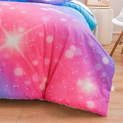 A Nice Night 6Pcs Gradient Glitter Bedding Set for Girls, Colorful Rainbow Galaxy Comforter Set, Ultra Soft Bedding Sets (Pink-Blue,Full 6Pcs)