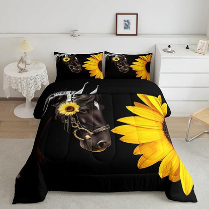 Erosebridal Horse Comforter Set Twin,Sunflower Horse Bedding set for Boys Girls Teens Adults,Western cowboy Farmhouse Down Comforter farm animal Quilt Duvet Sets Bedroom Decor 1 Pillow Case Black