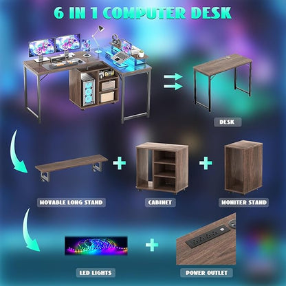 Cyclysio L Shaped Gaming Desk with Wood Cabinet, 58" Large Corner Desk with LED Lights & Power Outlet, Reversible Computer Desk with Monitor Stand, Home Office Desk 2 Person Corner Desk,Rustic Walnut