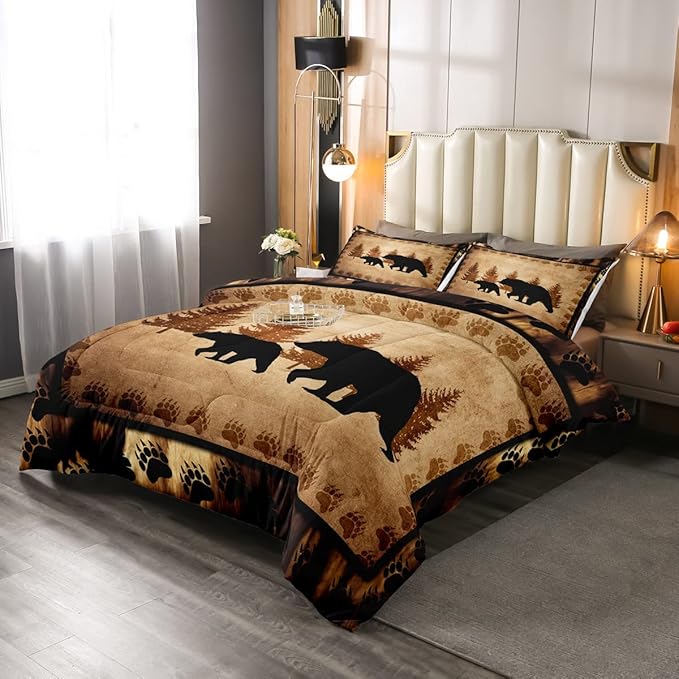 Bear Comforter Set Twin Size Farmhouse Wild Animal Comforter Retro Bear Family Bedding Set for Kids Boys Girls Brown Bear Paws Duvet Set Rustic Bedroom Decor Quilted Set 2Pcs