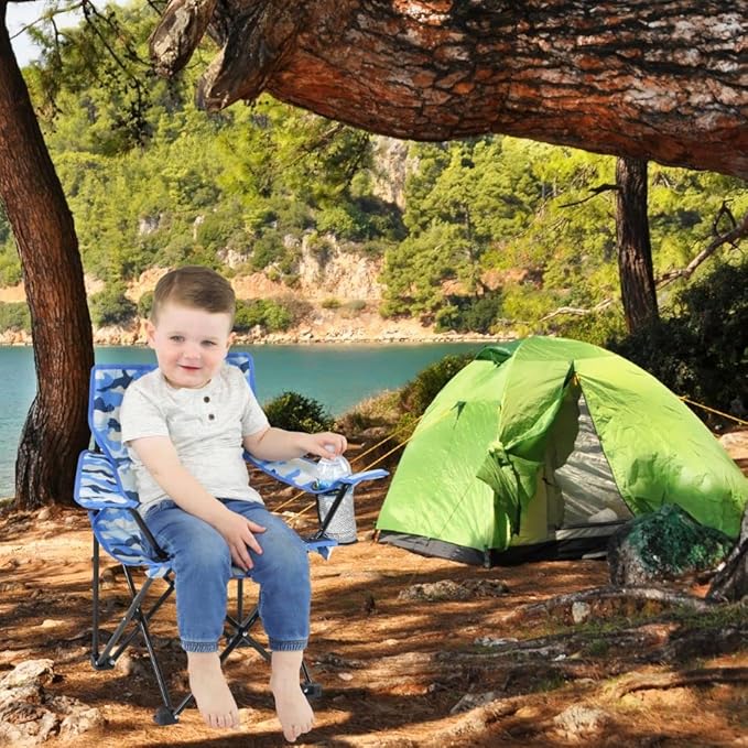 Emily Rose Kids Folding Chair | Beach Chair with Safety Lock- Camping Chair for Boyos Girls Toddler with Cup Holder & Carry Case- Tailgate, Travel, Lawn- for Indoor & Outdoor (Blue Camo)