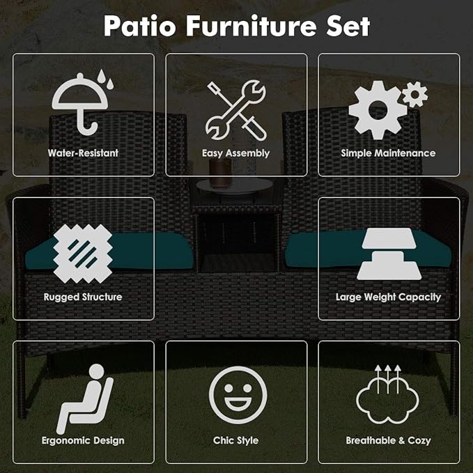LUARANE Outdoor Rattan Sofas, Contract Patio Conversation Set Wicker Sofa Set with Built-in Coffee Table, Patio Furniture Set with Cushions, Rattan Loveseat for Lawn Backyard Garden (Brown+Blue)