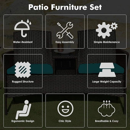 LUARANE Outdoor Rattan Sofas, Contract Patio Conversation Set Wicker Sofa Set with Built-in Coffee Table, Patio Furniture Set with Cushions, Rattan Loveseat for Lawn Backyard Garden (Brown+Blue)