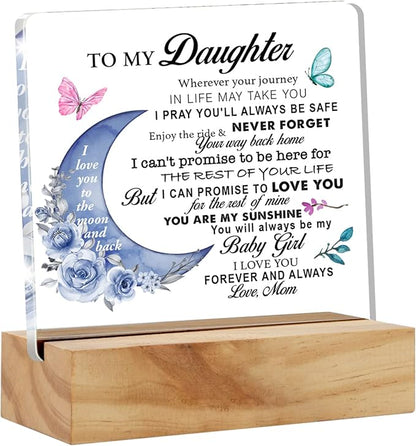 Daughter Gift From Mom, to My Daughter Wherever Your Journey in Life Desk Decor Moon Acrylic Desk Plaque Sign with Wood Stand Home Office Table Desk Sign Keepsake