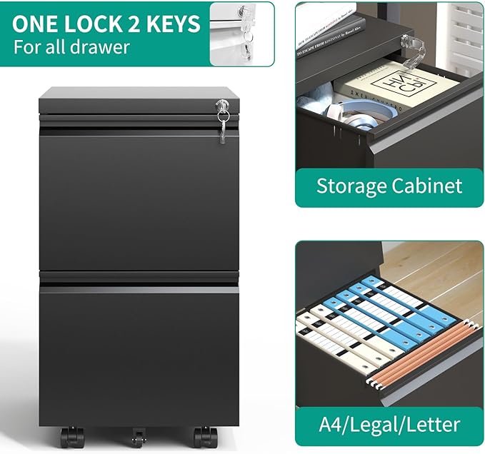 2 Drawer Mobile File Cabinet with Lock,Under Desk Metal Filing Cabinet for Home Office,Steel Small Rolling File Cabinet with 2 Keys for Legal/Letter/A4 Size Fully Assembled Except Wheels (Black)