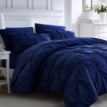 Ubauba 7pc Dark Blue King Comforter Set with Sheets, 7 Piece Pinch Pleating Bed in a Bag Royal Blue Bedding Comforters & Sets, Soft Fluffy Pintuck Bed Set (Navy,King)