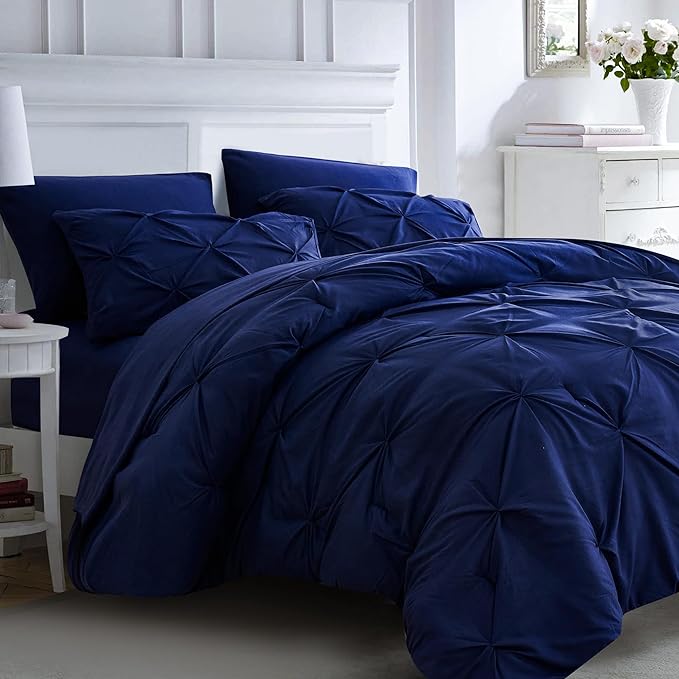 Ubauba 7pc Full Size Bed Comforter Set with Sheets, Dark Blue Pinch Pleating 7 Piece Bed in a Bag, Pintuck Royal Blue Bedding Sets for All Season (Navy,Full)