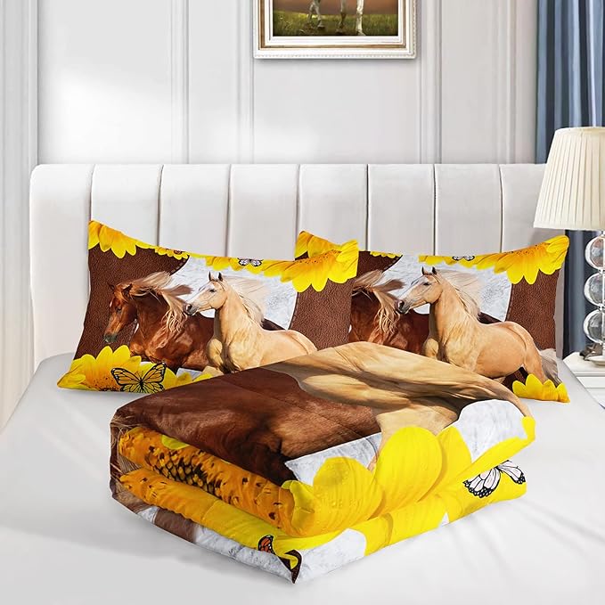 Kid Galloping Horse Comforter Sunflower Butterfly Cowhide Horse Bedding Set for Boys Girls Adult, 1 Comforter + 2 Pillowcases